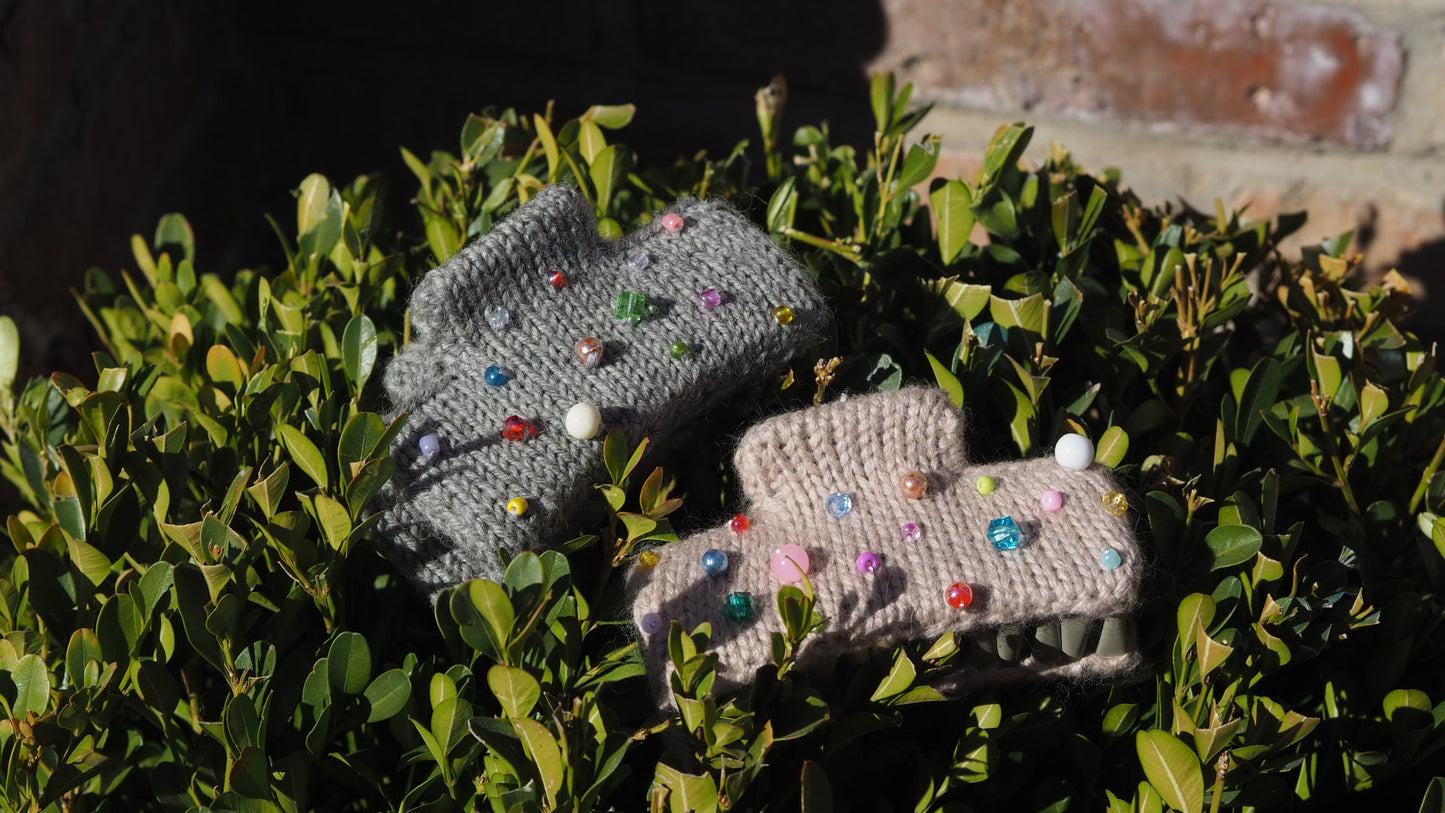 Handmade Wool Hair Claw with Vintage Beads and Stones